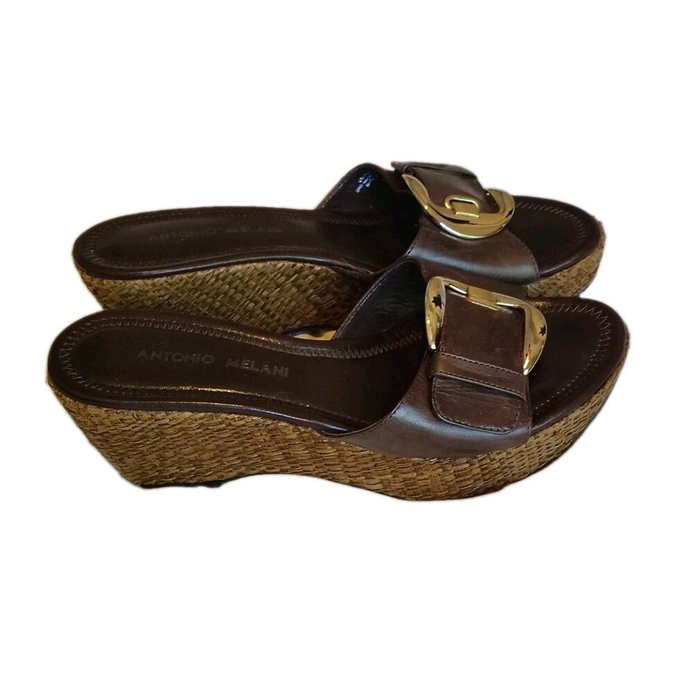 Antonio Melani Brown Leather Wedge Slide Sandals Gold Buckle Straw Heel Size 7M - Picture 3 of 7